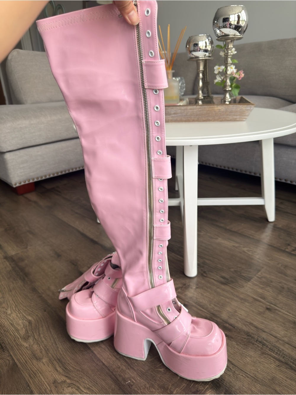 DEMONIA Platform Knee-High Buckle Boots - Pink - Picture 9 of 11